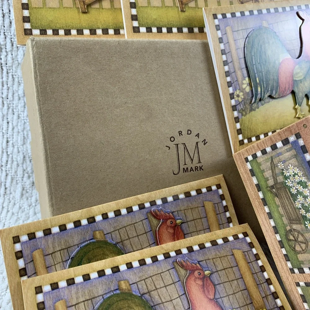 VTG 2003‎ BETH LOGAN Wooden Box With 3D Notecards Farm Cow Barn Rooster Daisies